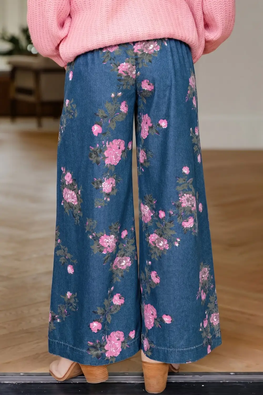 Women's Retro Floral Print Tie Elastic Waist Button Pintuck Wide Leg Jeans