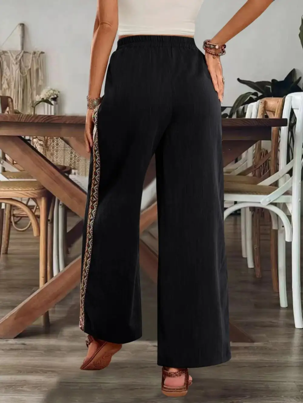 Bohemian Wide-Leg Embroidered Side Stripe Pants