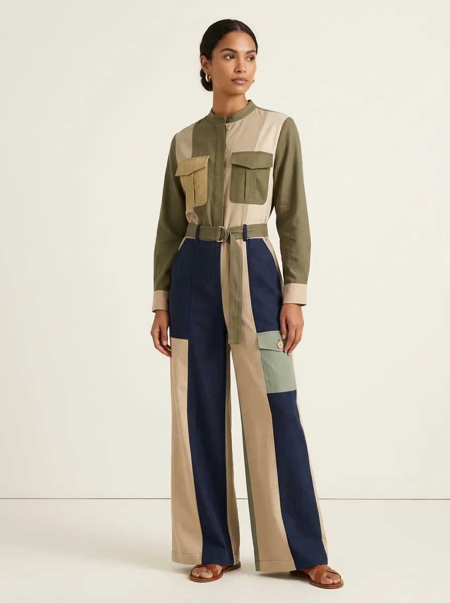 Women's Marin Utility Patchwork Colorblock Belted Jumpsuit