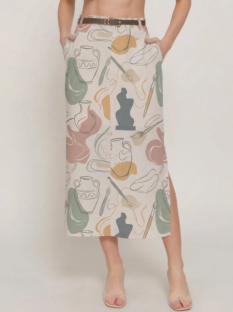 Women's Art-Inspired Pottery Brush Printed Midi Skirt
