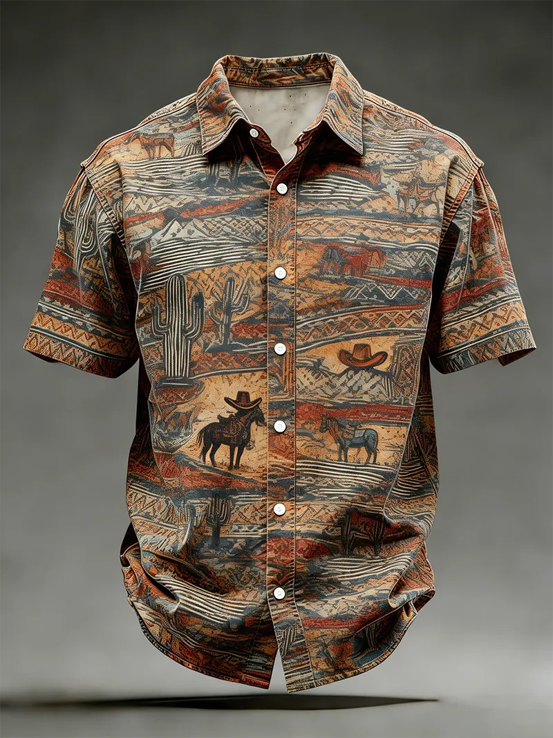 Men's Desert Cowboy & Cactus Print Short Sleeve Shirt