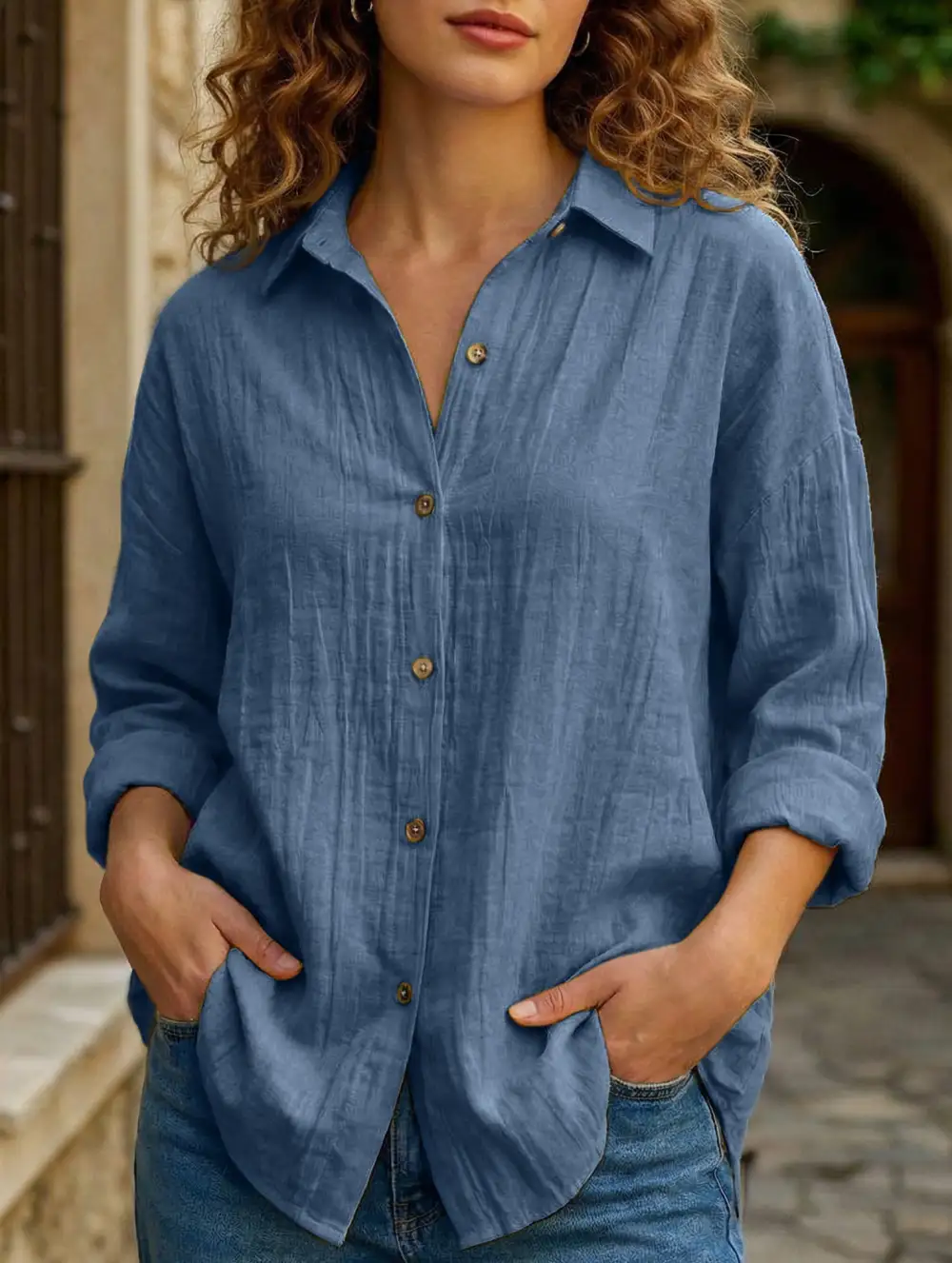 Button Detail Pleated Button-Up Shirt