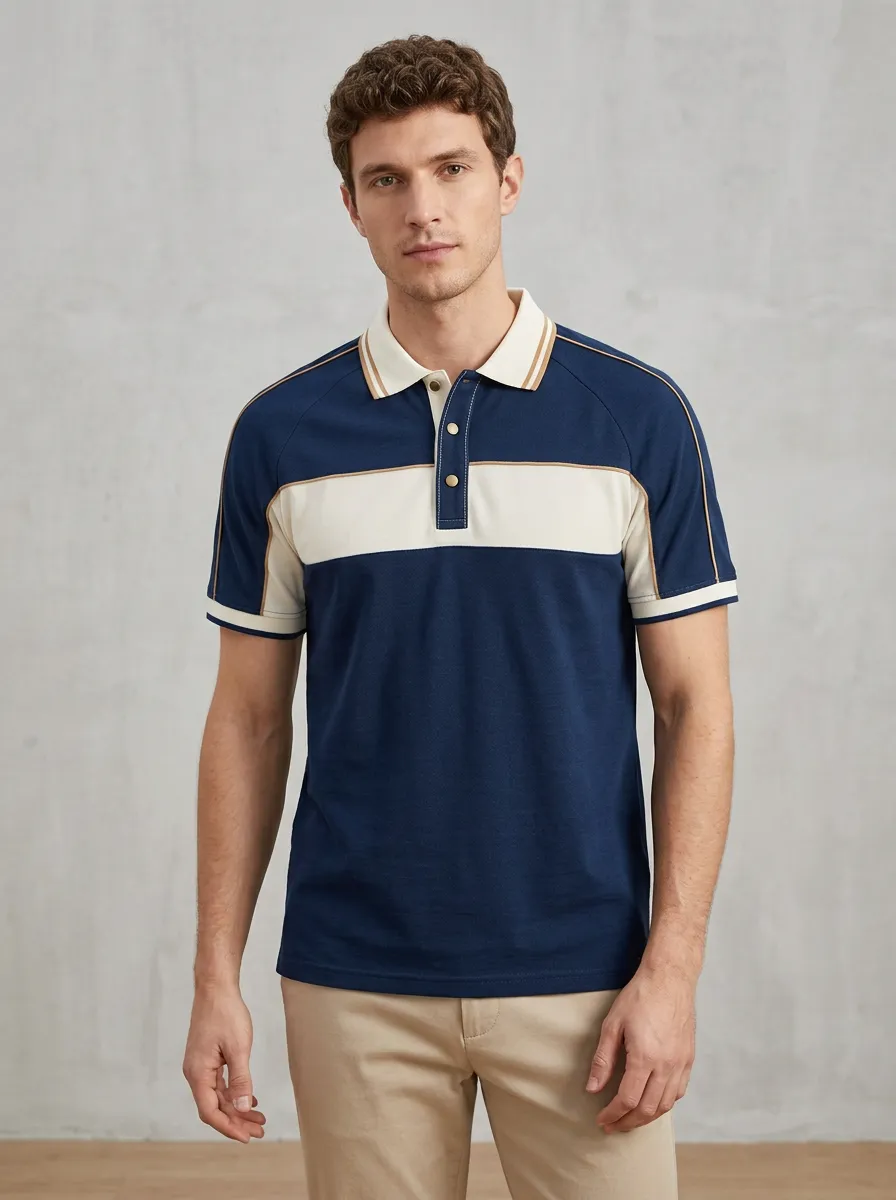 Men's Casual Colorblock Striped Contrast Trim Polo Shirt