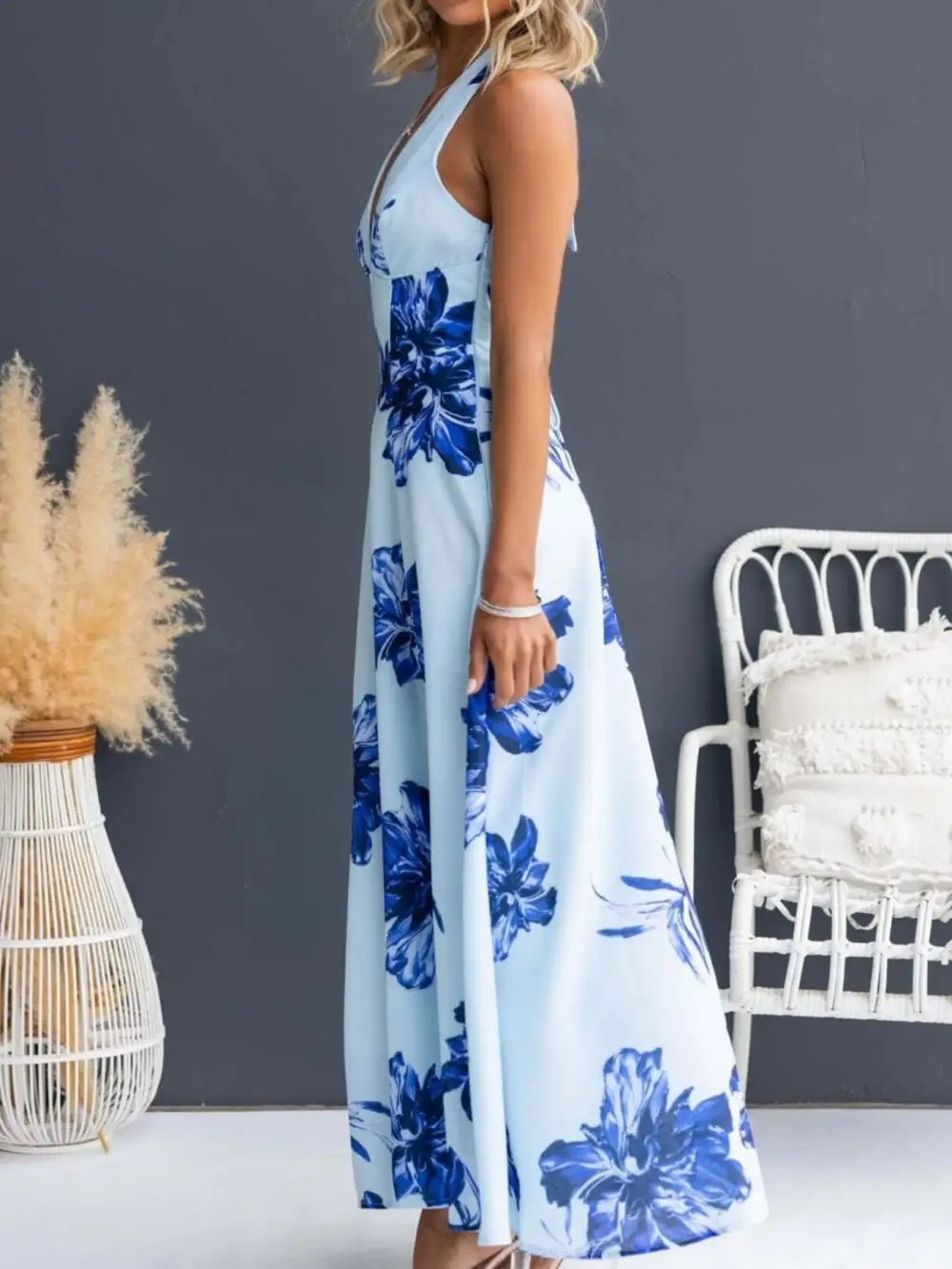 Casual Floral Print Halter Neck Maxi Dress