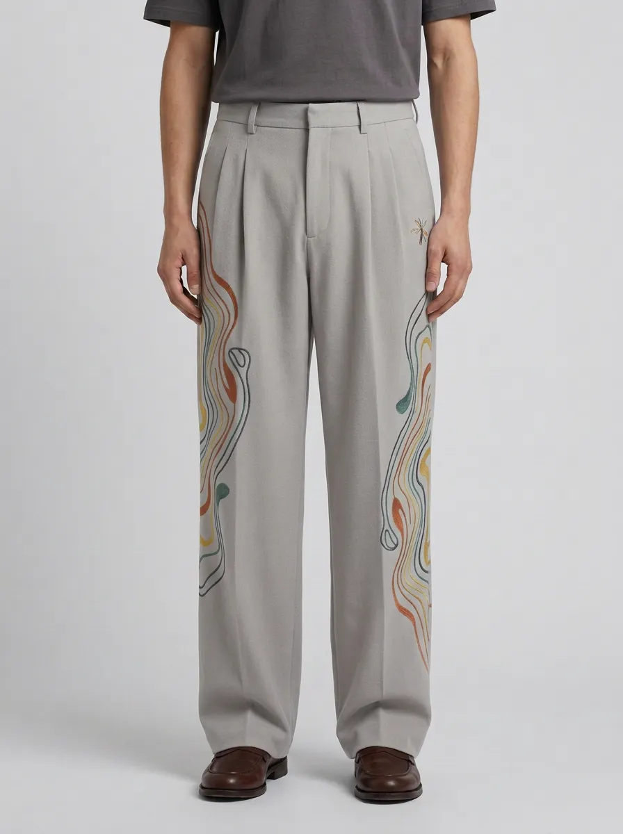 Men's Abstract Swirl Embroidered Wide Leg Trousers