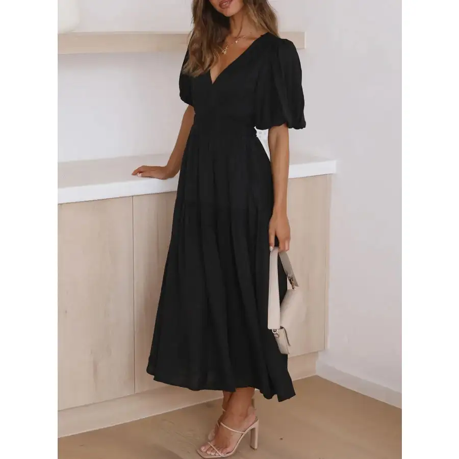 Neck V-Neck Puff Sleeve Midi Dress