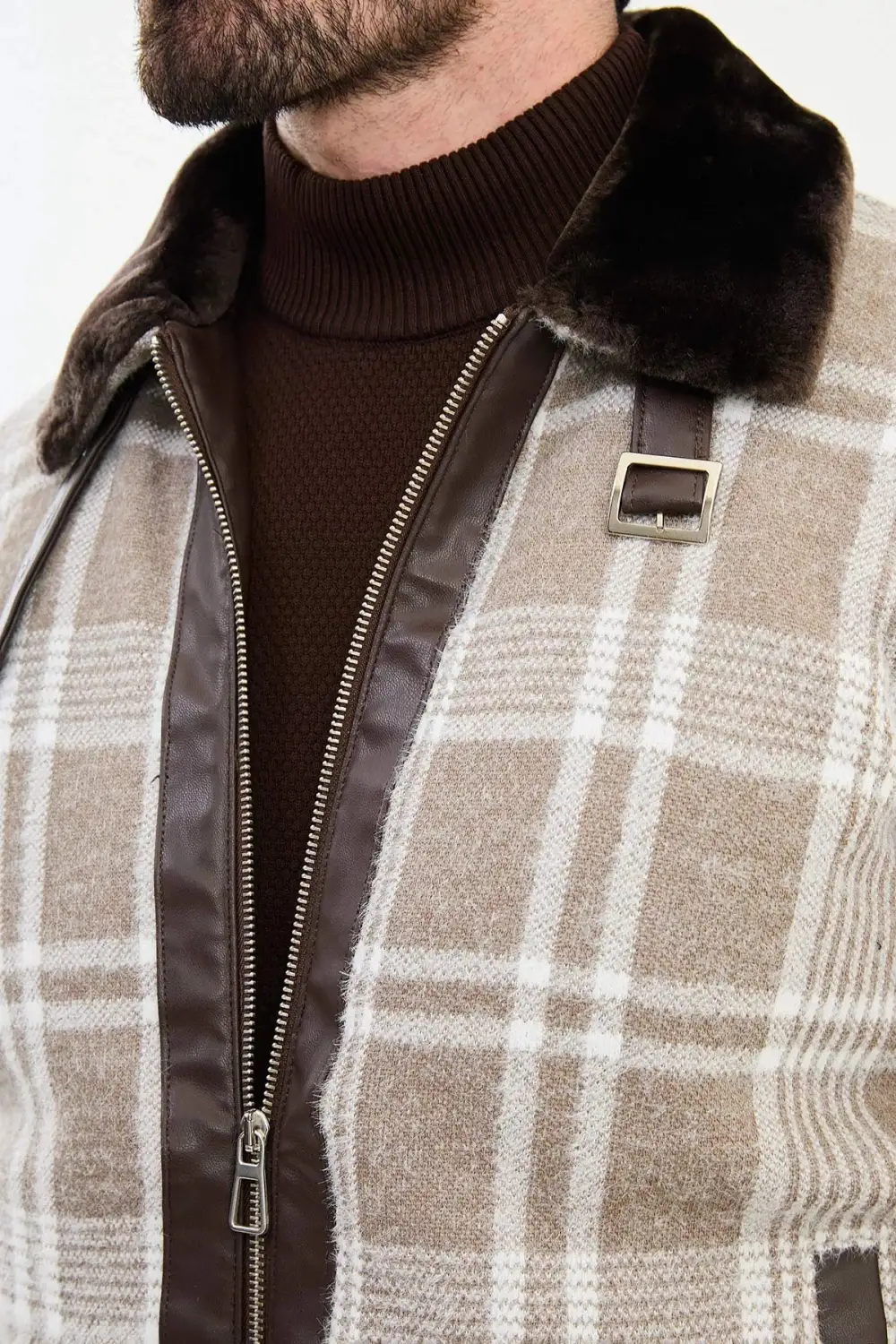 Classic Slim Fit Zip Front Plaid Wool Tailored Coat