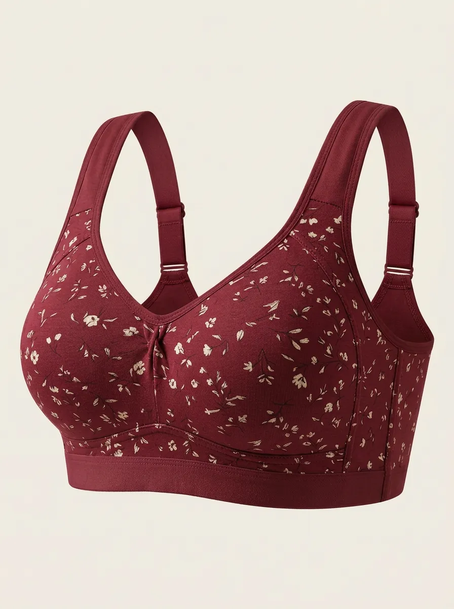 Women's Plus Size Sage Green Floral Full-Coverage Wide-Strap Wireless Bralette