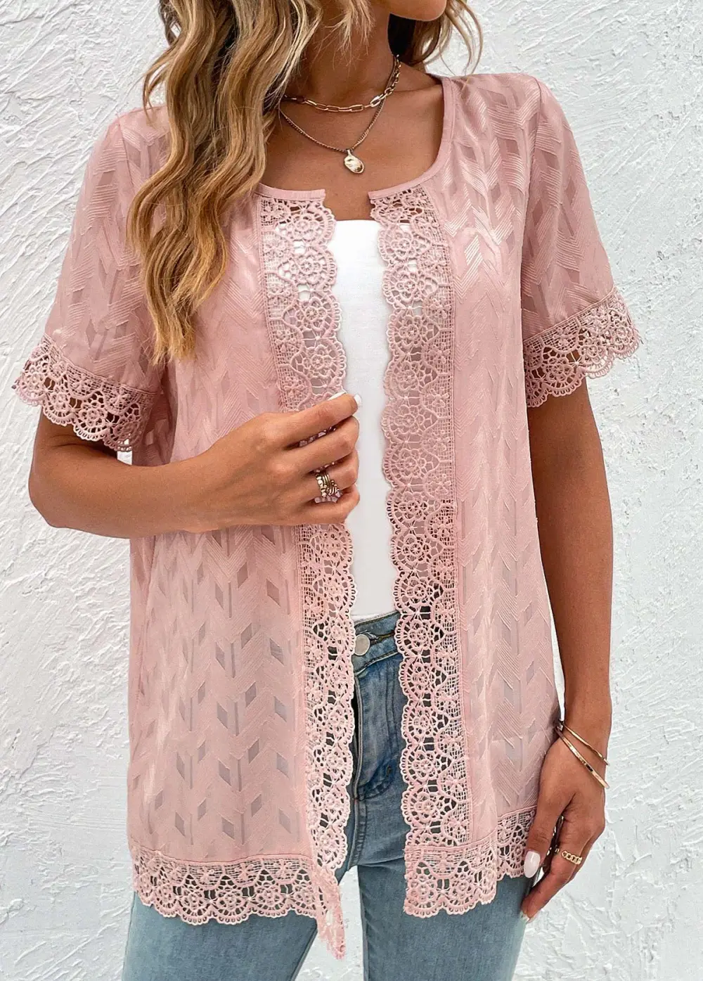 Pink Lace Short Sleeve Round Neck Topper