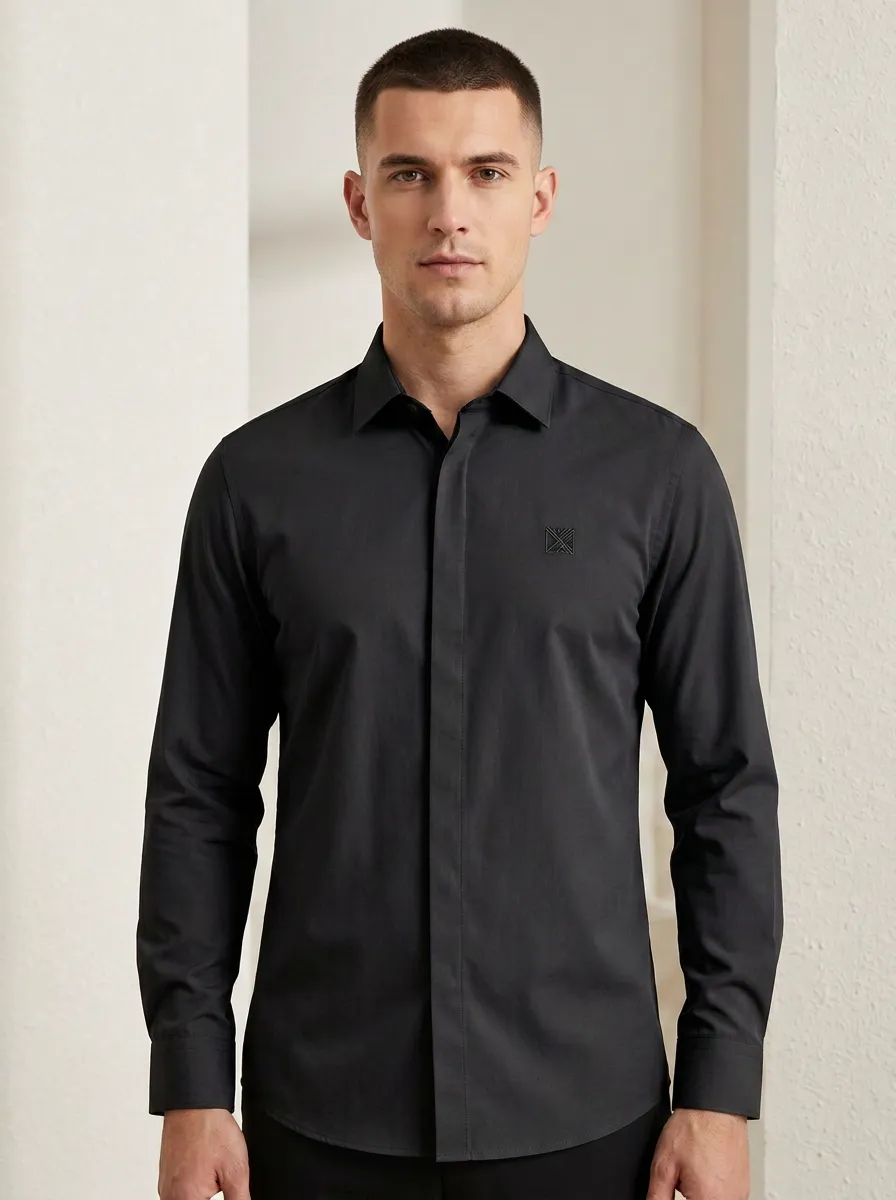 Men's Non-Iron Cotton Geometric Logo Embroidered Long Sleeve Shirt