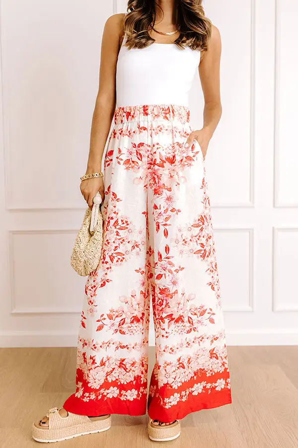 High Waist Wide Leg Floral Linen Pants