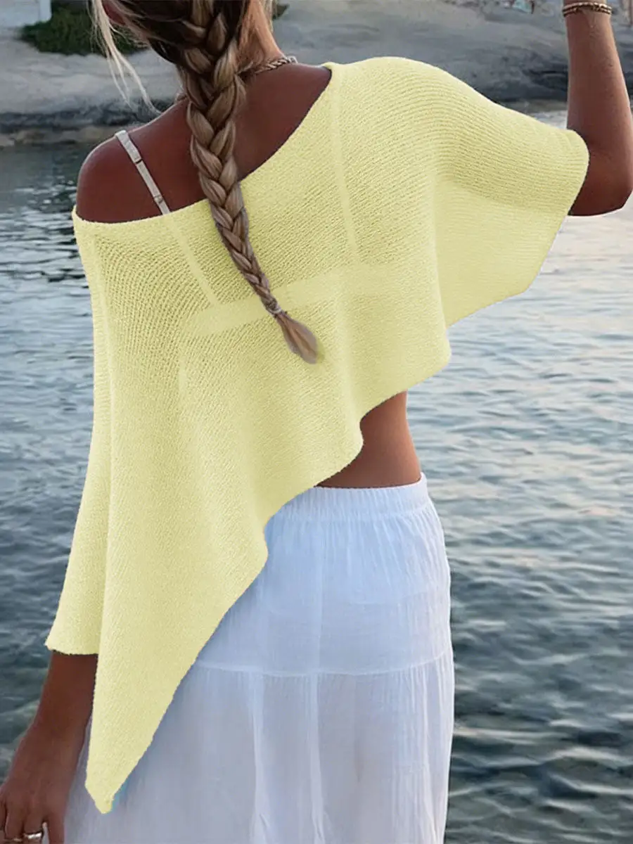 Sheer Detail Asymmetric One Shoulder Relaxed Fit Knit Cape