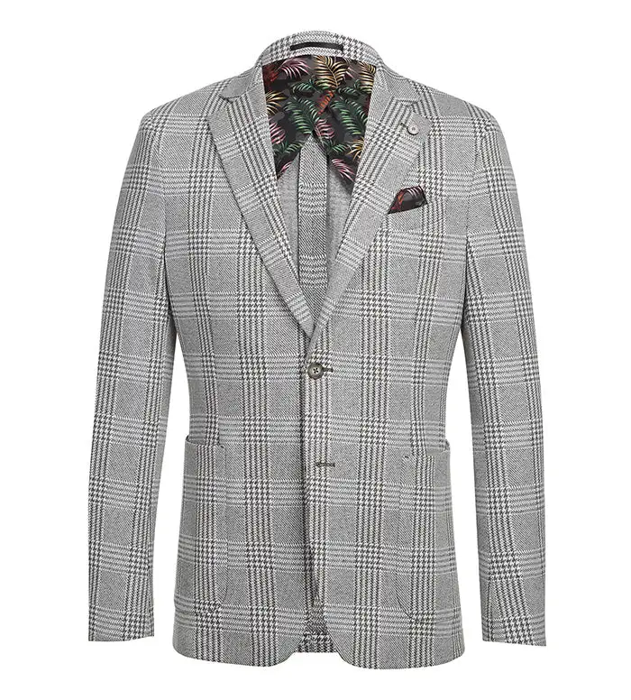 Gray Slim Fit Cotton Plaid Side Vents Blazer