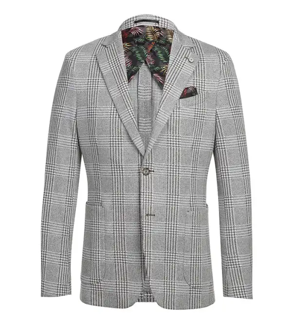 Gray Slim Fit Cotton Plaid Side Vents Blazer