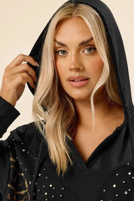 Black Leopard Print Stud Hoodie