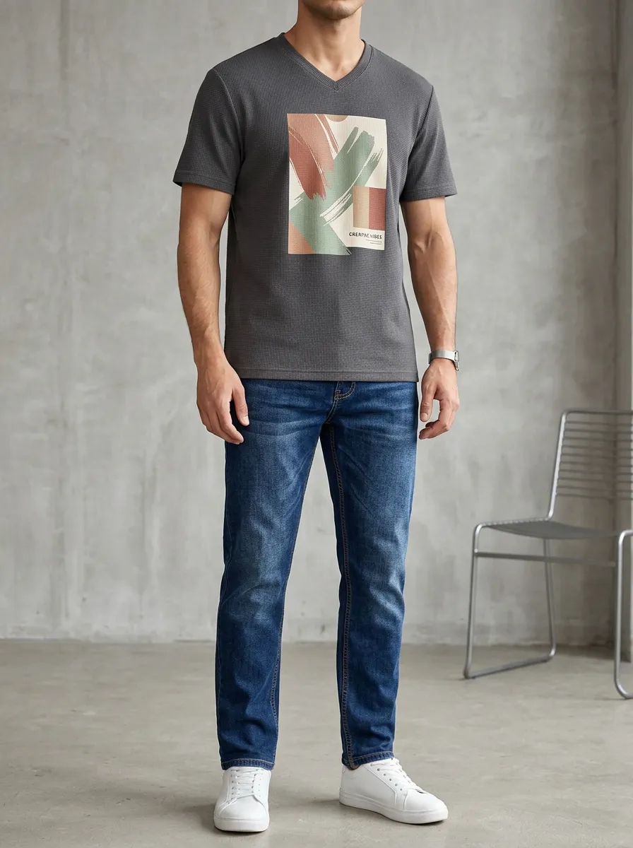 Men's Abstract Brushstroke Graphic V-Neck Waffle Tee and Jeans Set