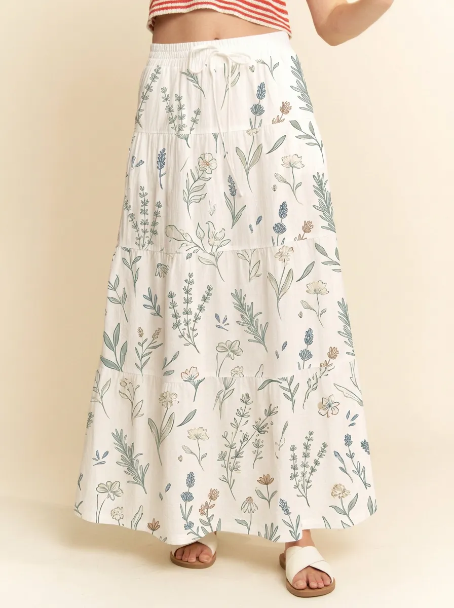 Women's Botanical Garden Lover Lavender Floral Printed Maxi Skirt