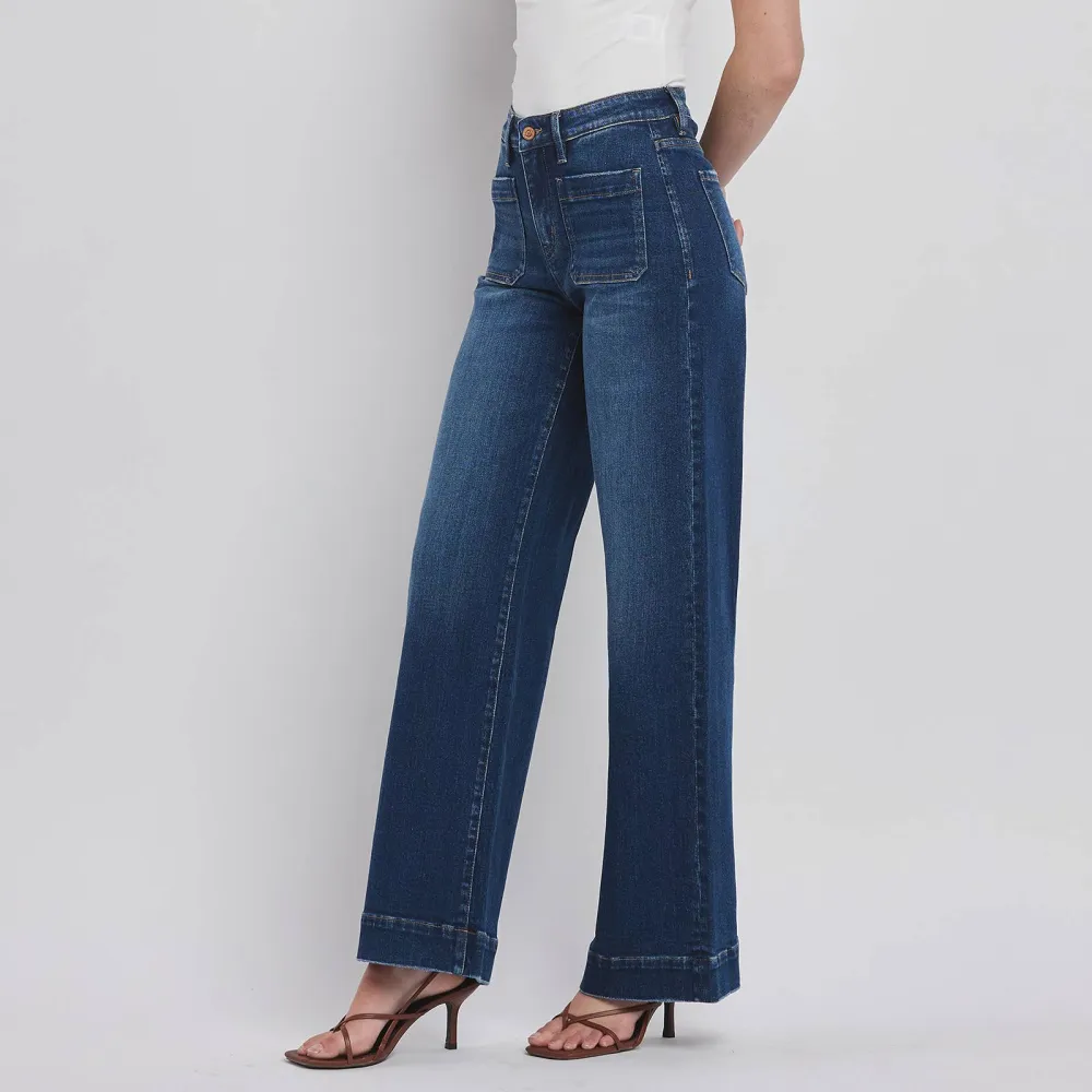 Women's Trouser-Hem Patch-Pocket Wide Jeans