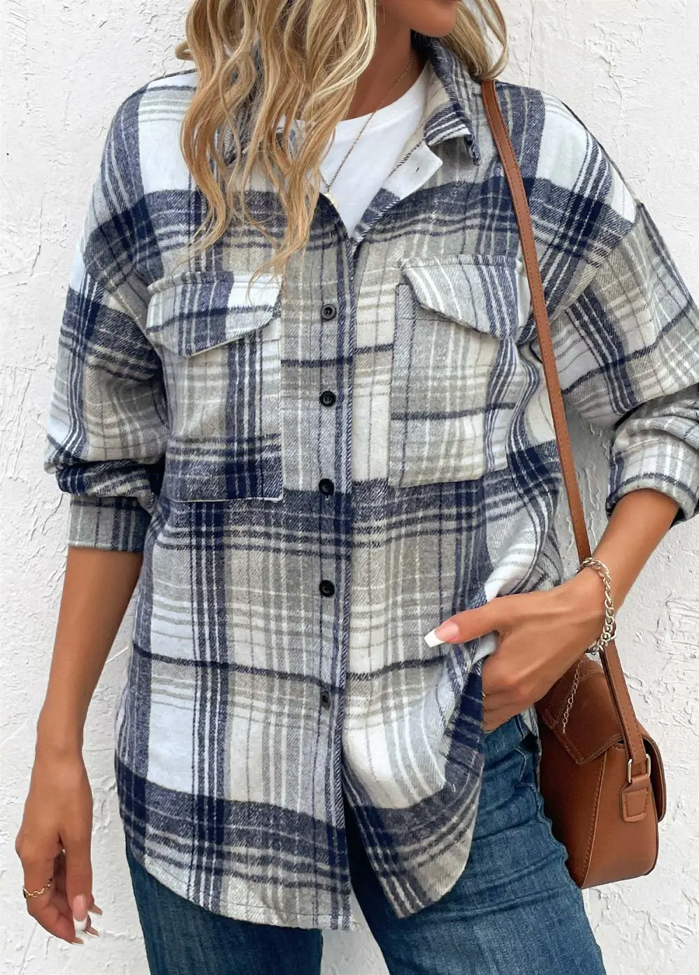 Blue Patchwork Plaid Turn Down Collar Coat