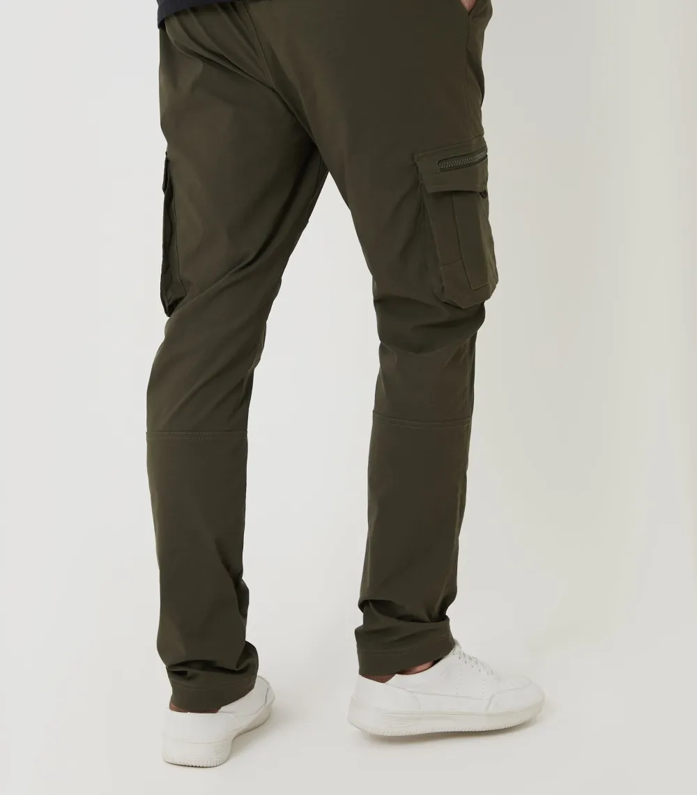 Men's Khaki Green Slim-Fit Stretch Cargo Pants