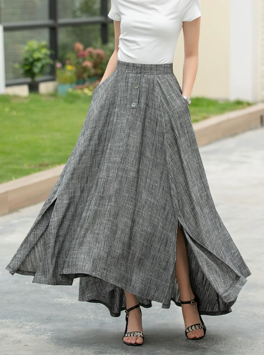 Checkered Linen Cotton Asymmetrical Swing Elastic Waist Maxi Skirt