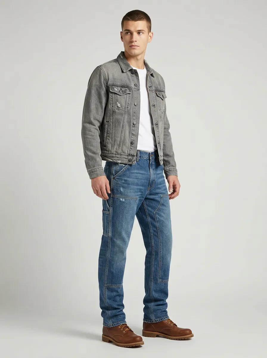 Men's Casual Workwear Distressed Blue Denim Carpenter Pants