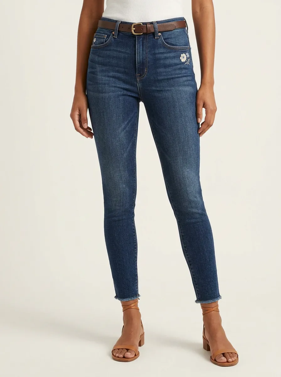 Women's Ridge Floral Embroidery Raw Hem Printed Slim Jeans