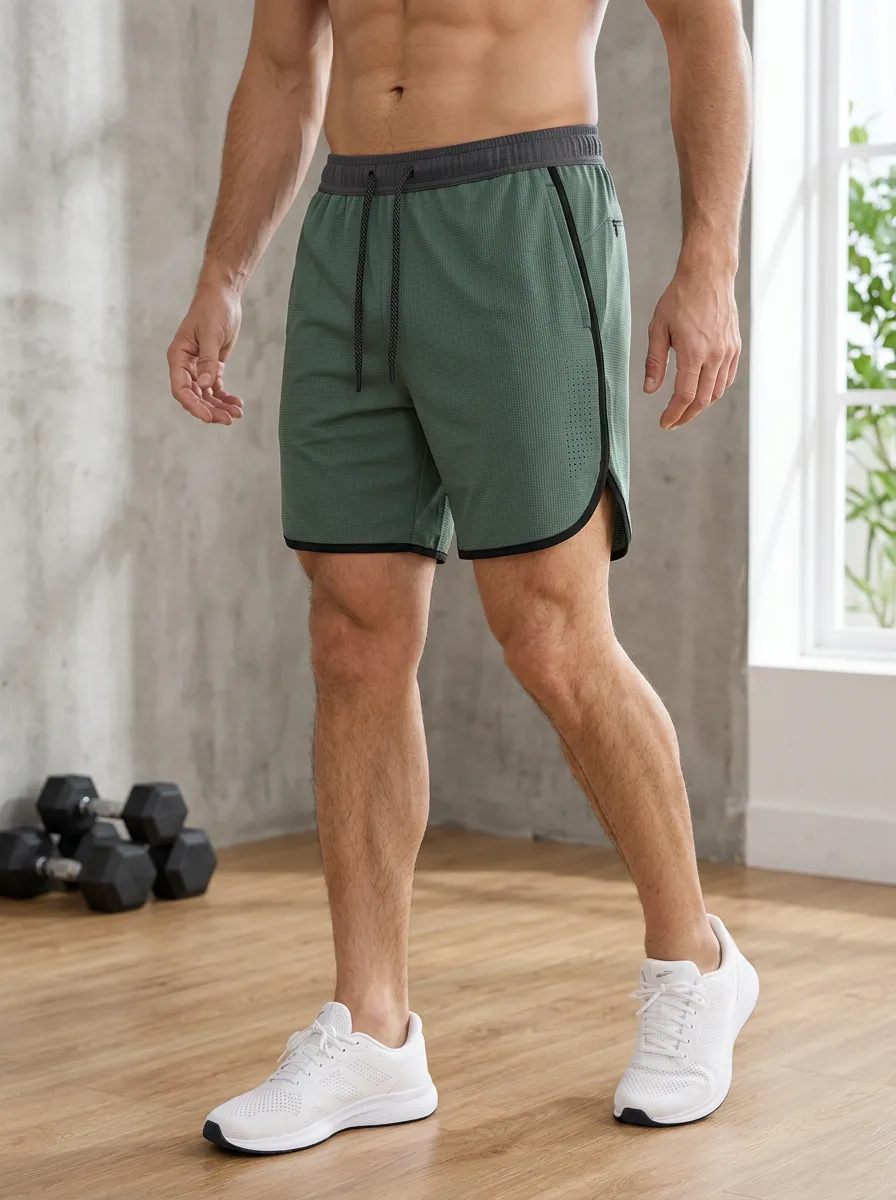 Men's Gym Fitness Olive Green Mesh Printed Athletic Shorts