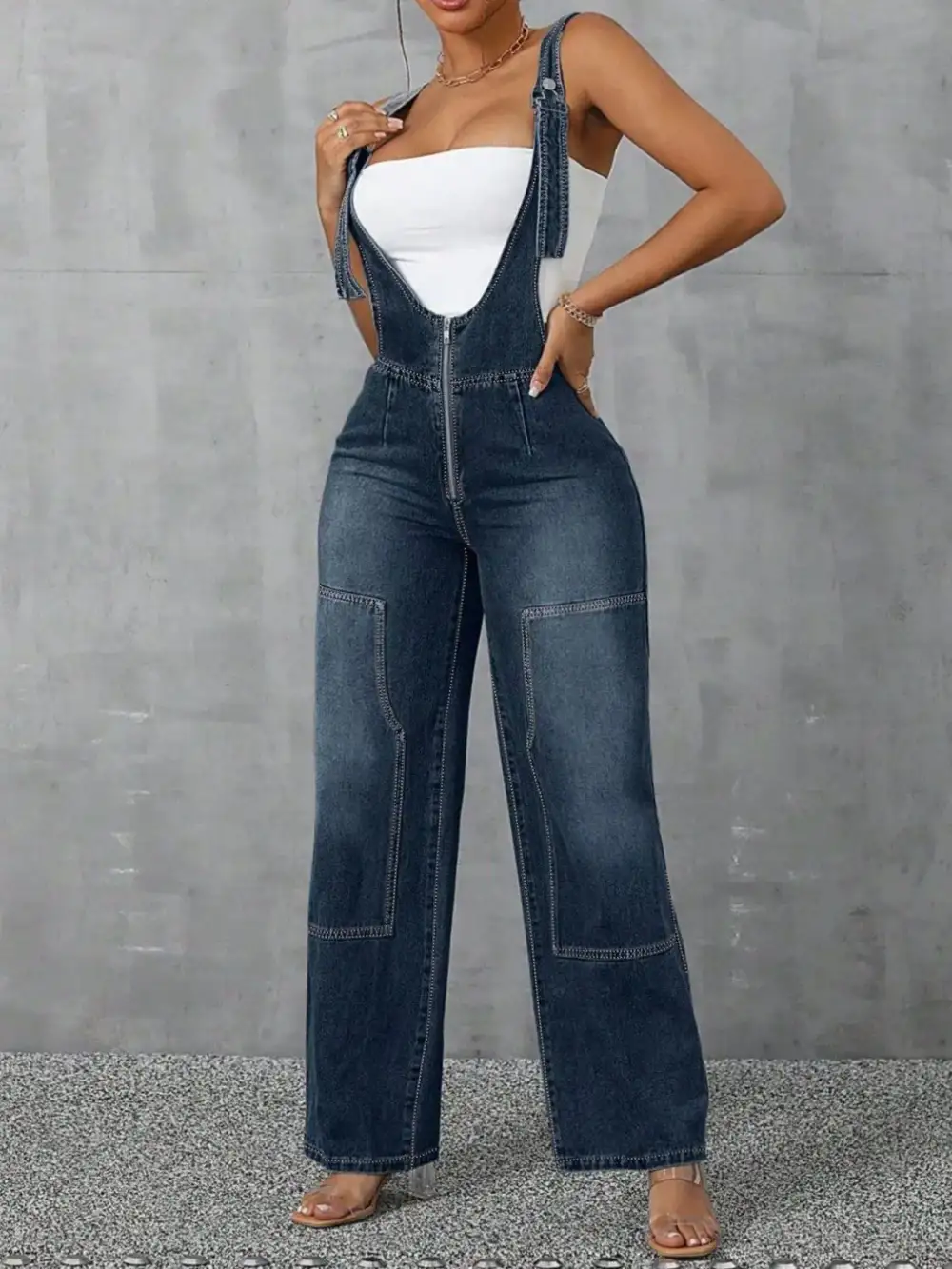 Zip Front Wide Strap Denim Overall Accessory