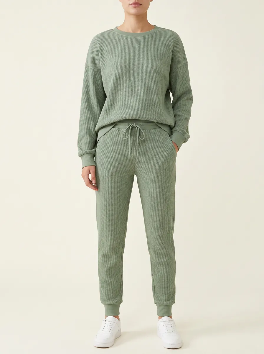 Unisex Sage Green Waffle Knit Solid Long Sleeve Top
