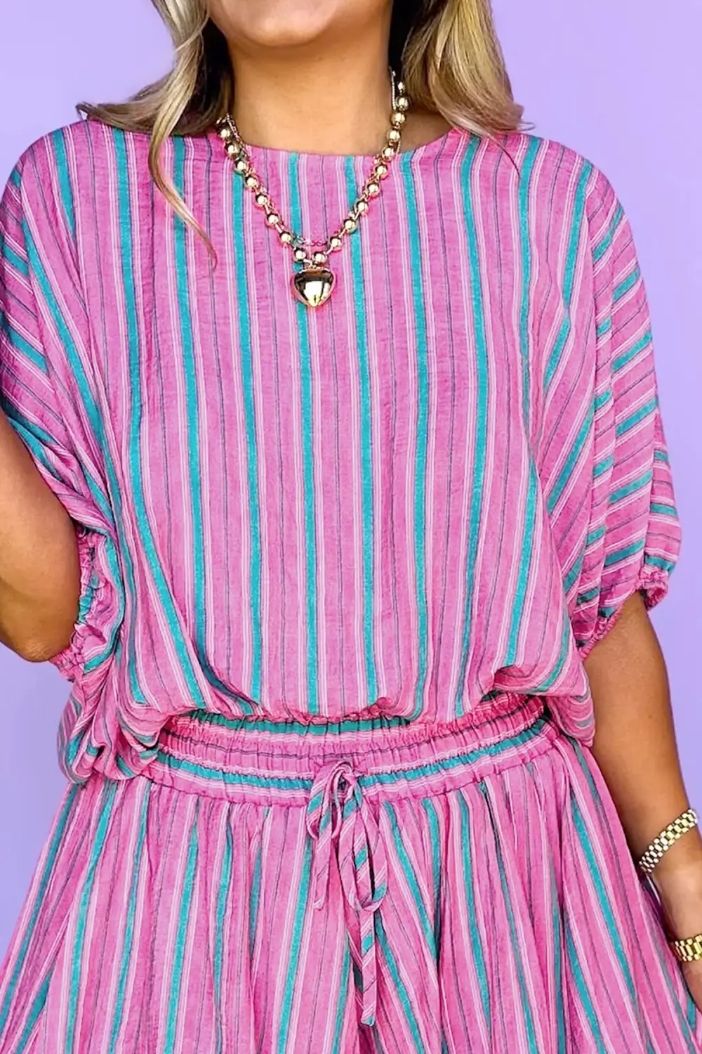 Women's Dolman Short Sleeve Blouse Drawstring Elastic Waist Loose Short Set