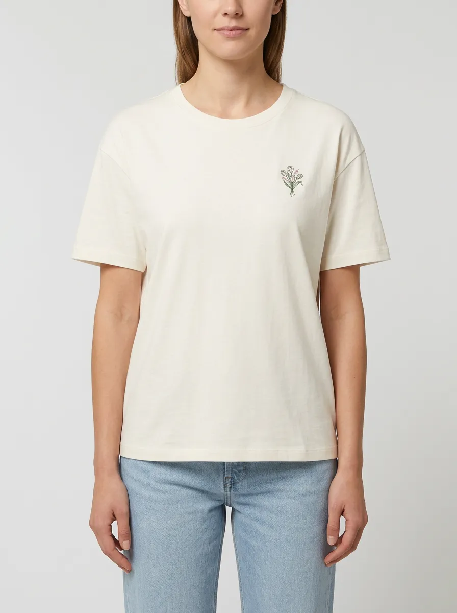 Women's Minimalist Tulip Bouquet Embroidered Crewneck T-Shirt