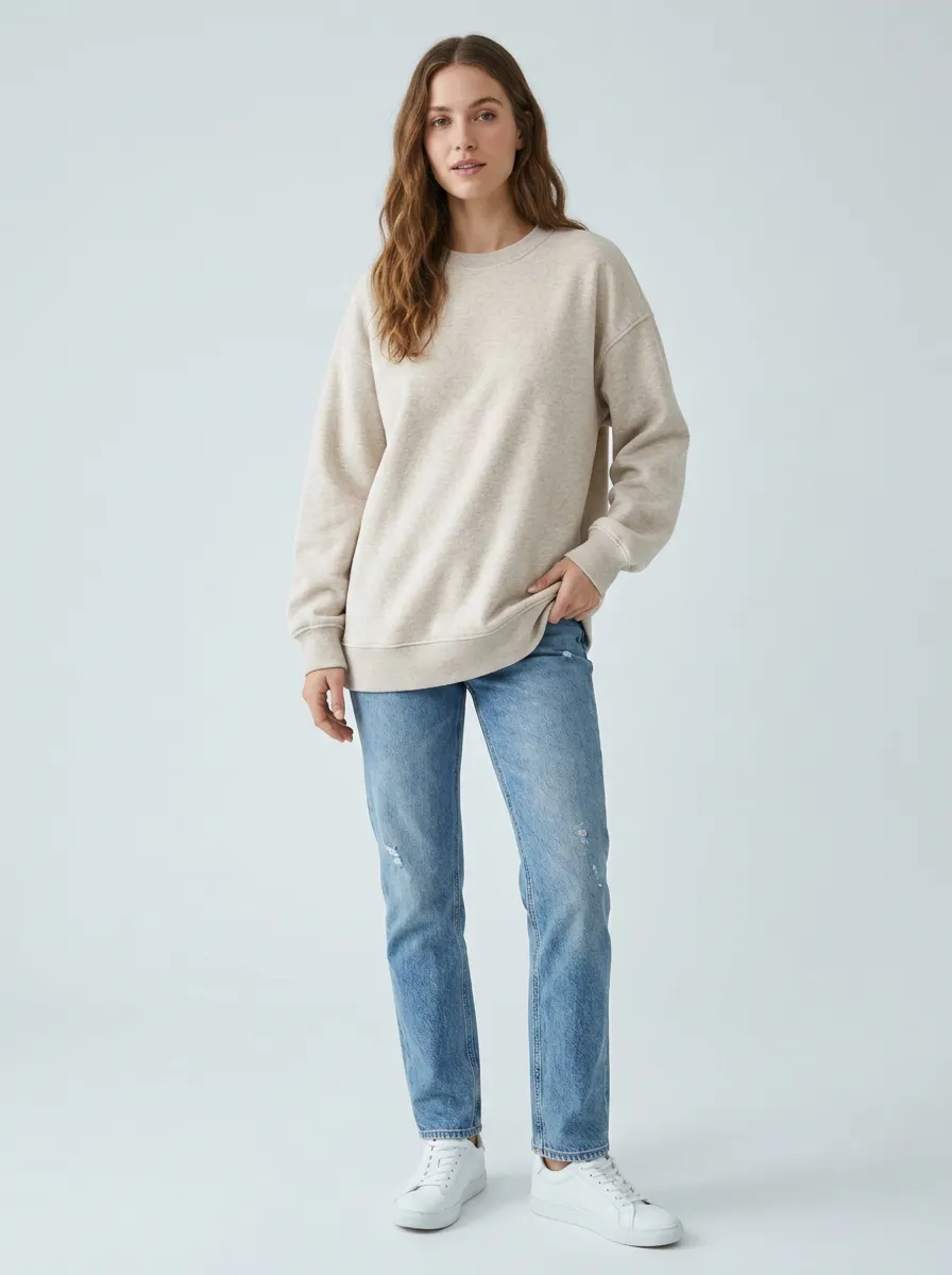 Women's Casual Minimalist Beige Solid Crewneck Sweatshirt