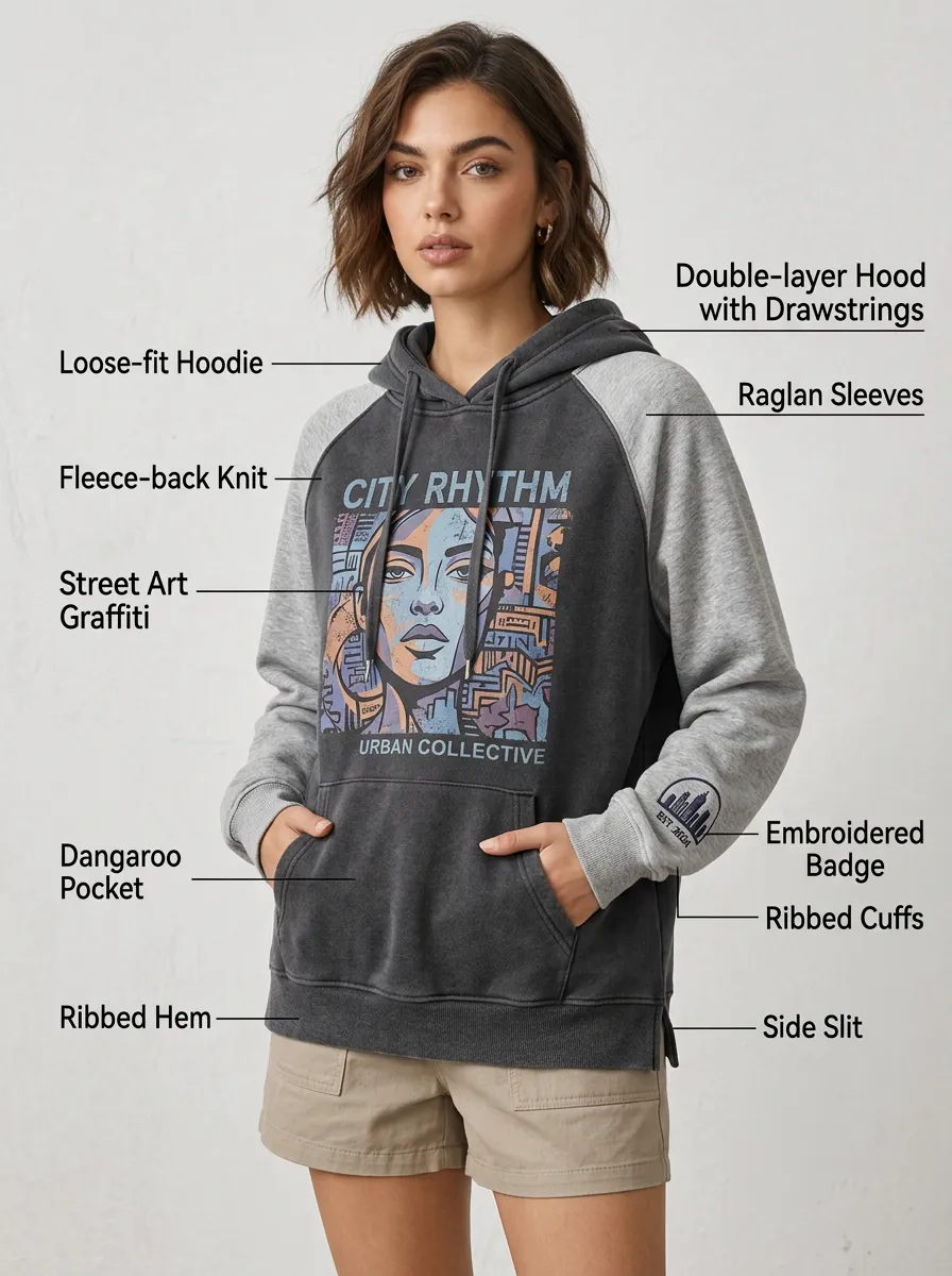 Women's Urban Street Art Graffiti Printed Raglan Hoodie