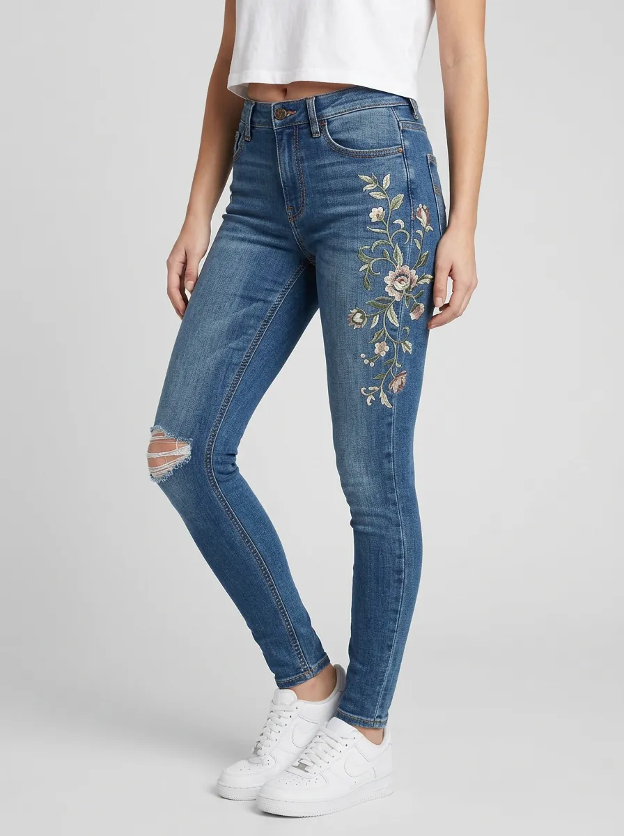 Women's Floral Embroidery Ripped Printed Slim Jeans