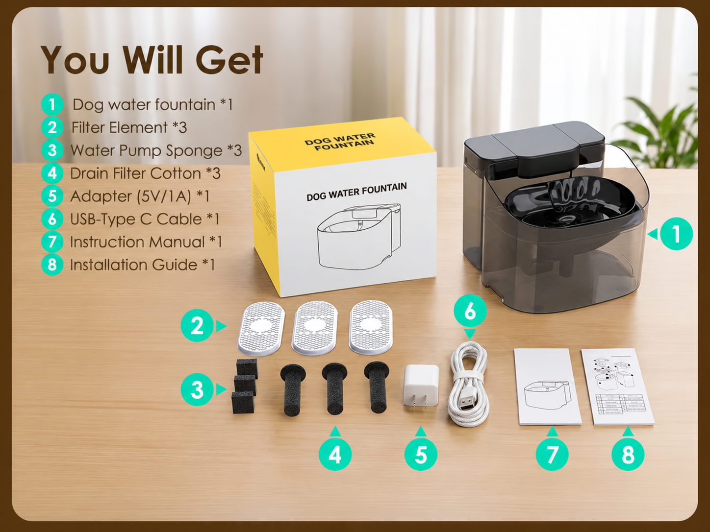 Fountain package contents, accessories, cable and guides