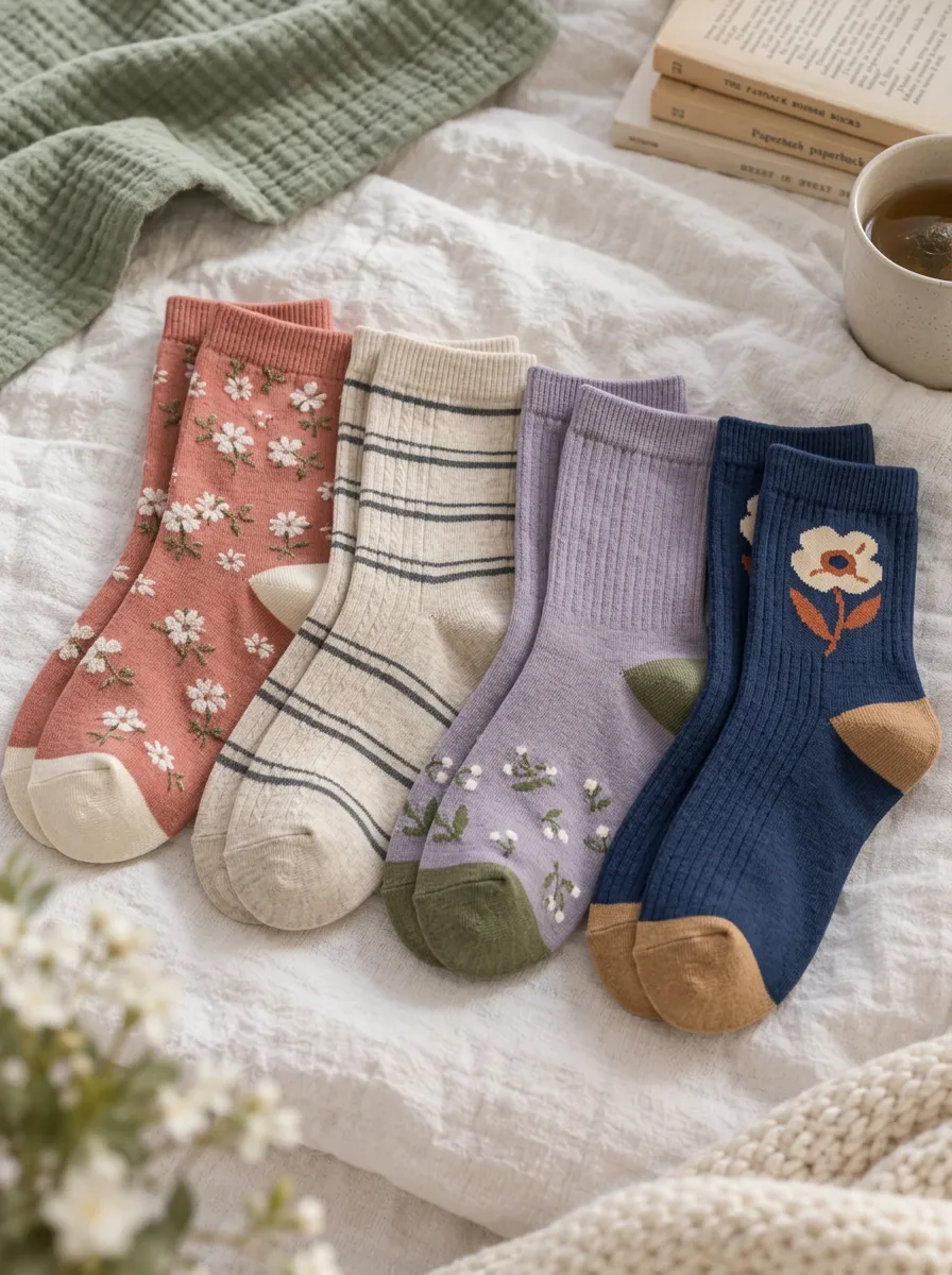 Women's Assorted Floral Botanical Ribbed Striped Contrast Detail Vintage-Inspired Printed 4-Pack Crew Sock Set