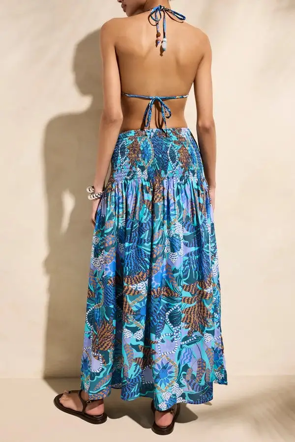 Women's Blue Boho Print High Waist Maxi Skirt