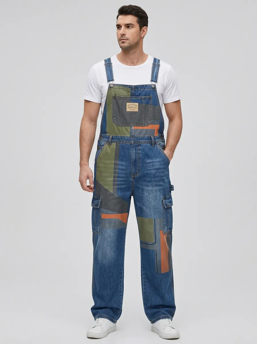 Patchwork Denim Cargo Overalls