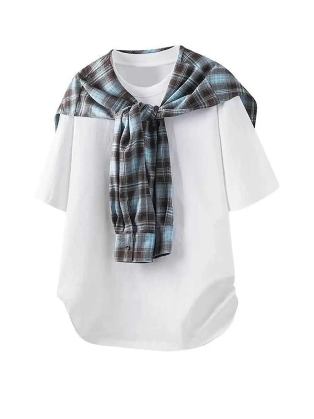 Layered-Look Plaid-Detail T-Shirt