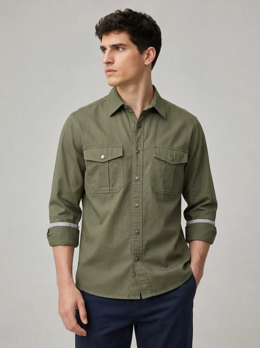 Men's Casual Outdoor Olive Green Snap Button Down Shirts