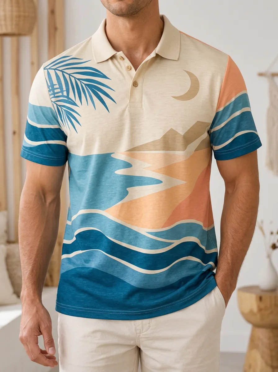 Men's Tropical Beach Moon Palm Tree Printed Polo Shirt