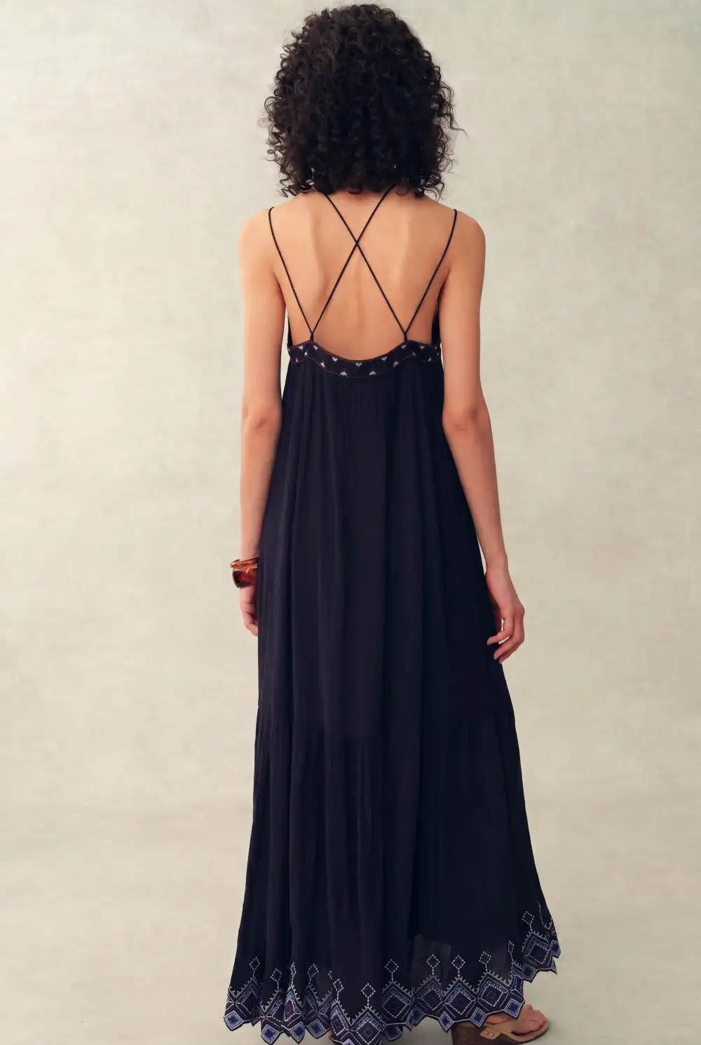 Sleeveless Strap Cross Back Embroidered Georgette Maxi Dress