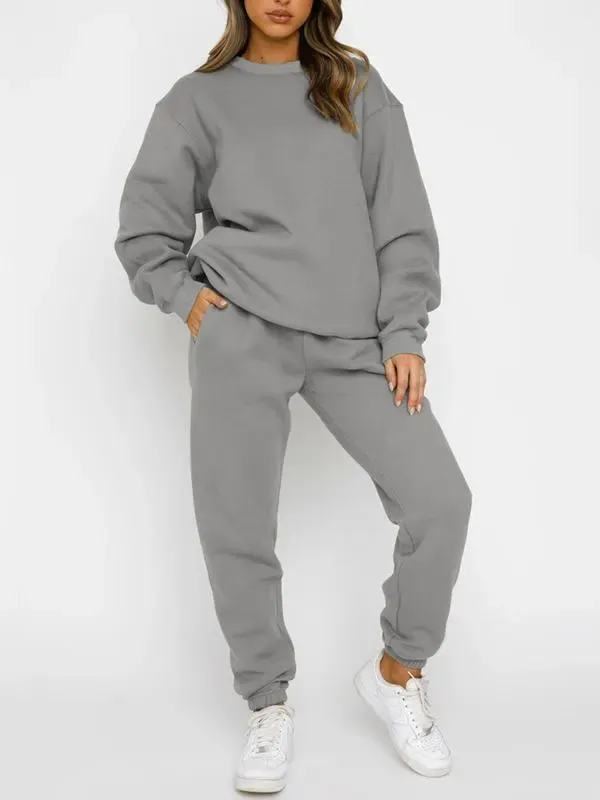 Solid color round neck trousers and long sleeve sweatshirt suit
