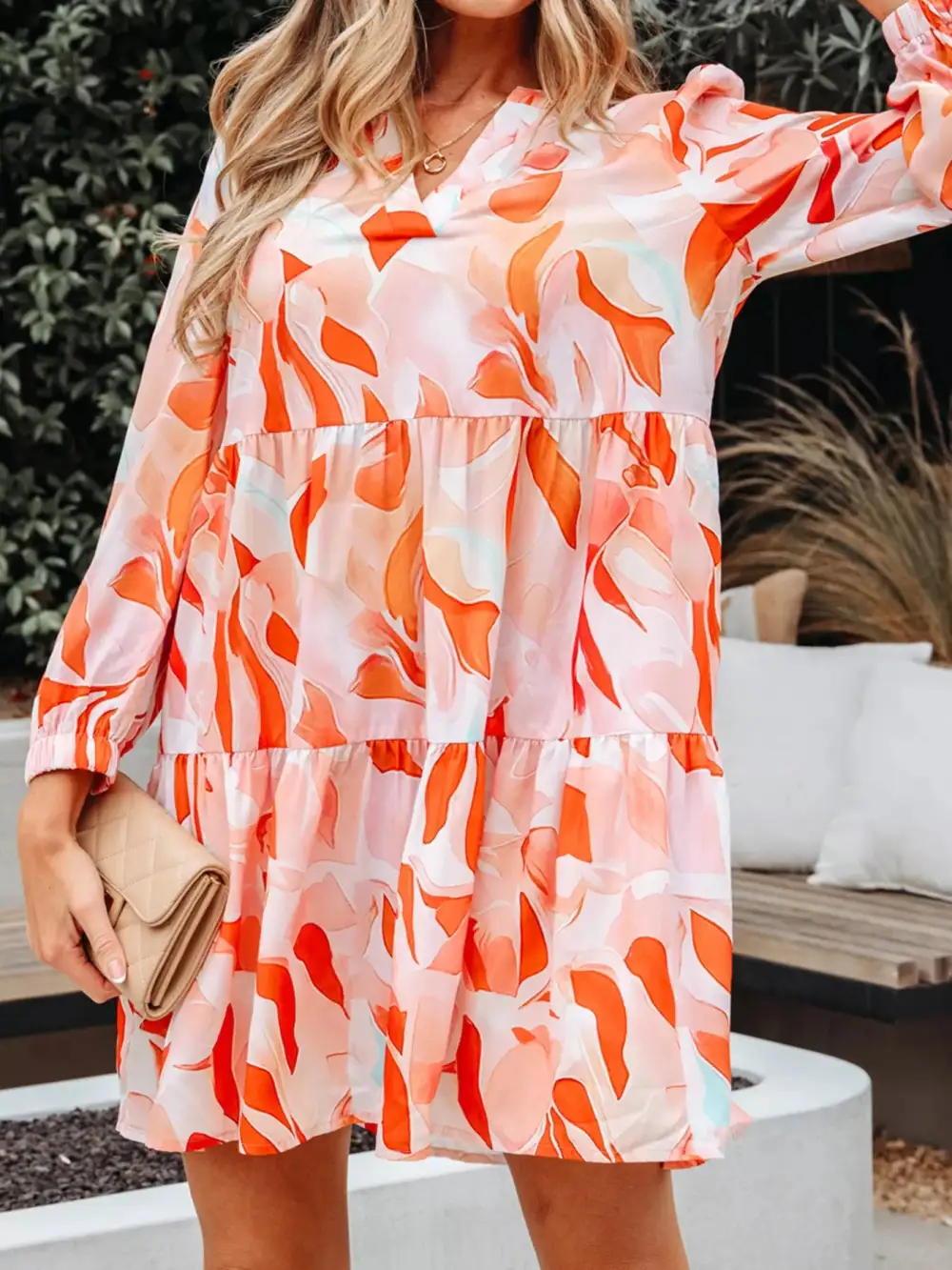 Abstract Print Tiered Long Sleeve Mini Dress