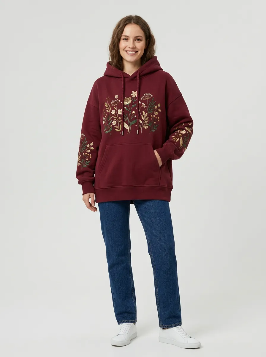 Women's Relaxed Botanical Floral Embroidered Graphic Nature Inspired Hoodie