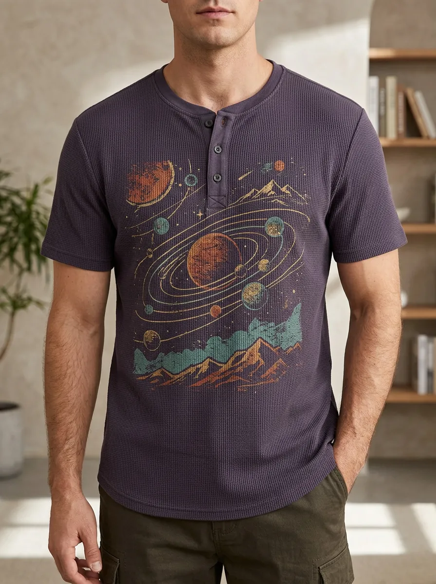 Men's Modern Space Astronomy Planet Mountain Henley T-Shirt