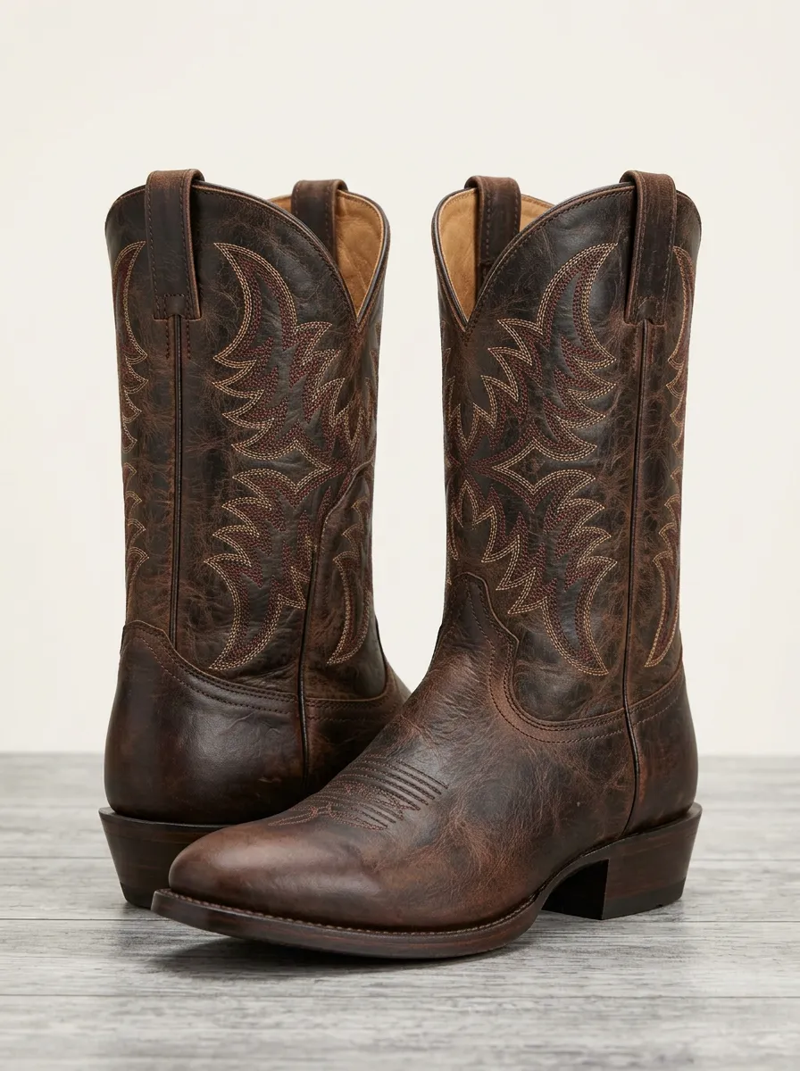 Southwestern Embroidered Distressed Leather-Look Profile Men's Western Cowboy Boots