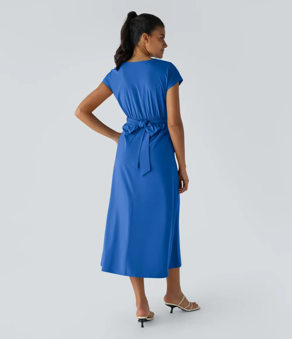 Breezeful V Neck Short Sleeve Side Pocket Tie Back Quick Dry Midi Casual Dress