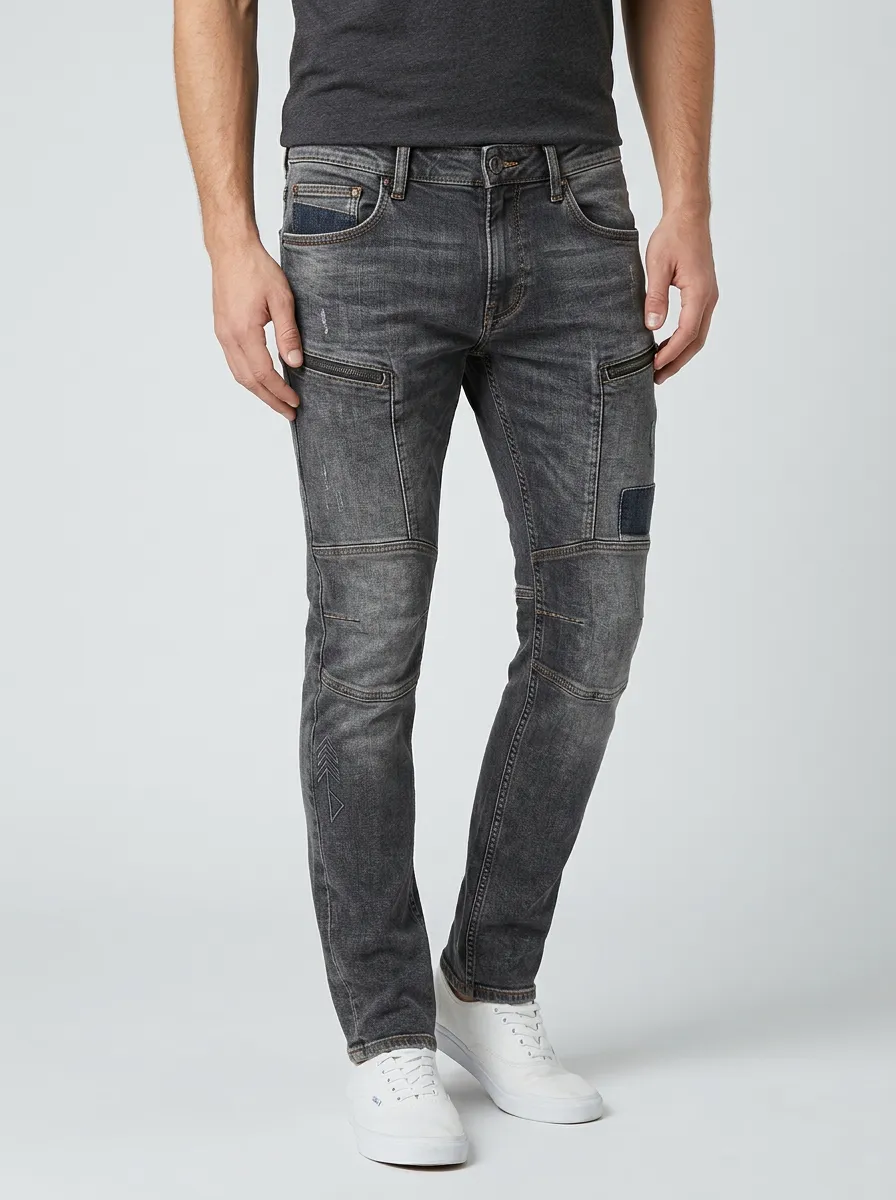 Men's Biker Style Distressed Zipper Slim-Fit Jeans
